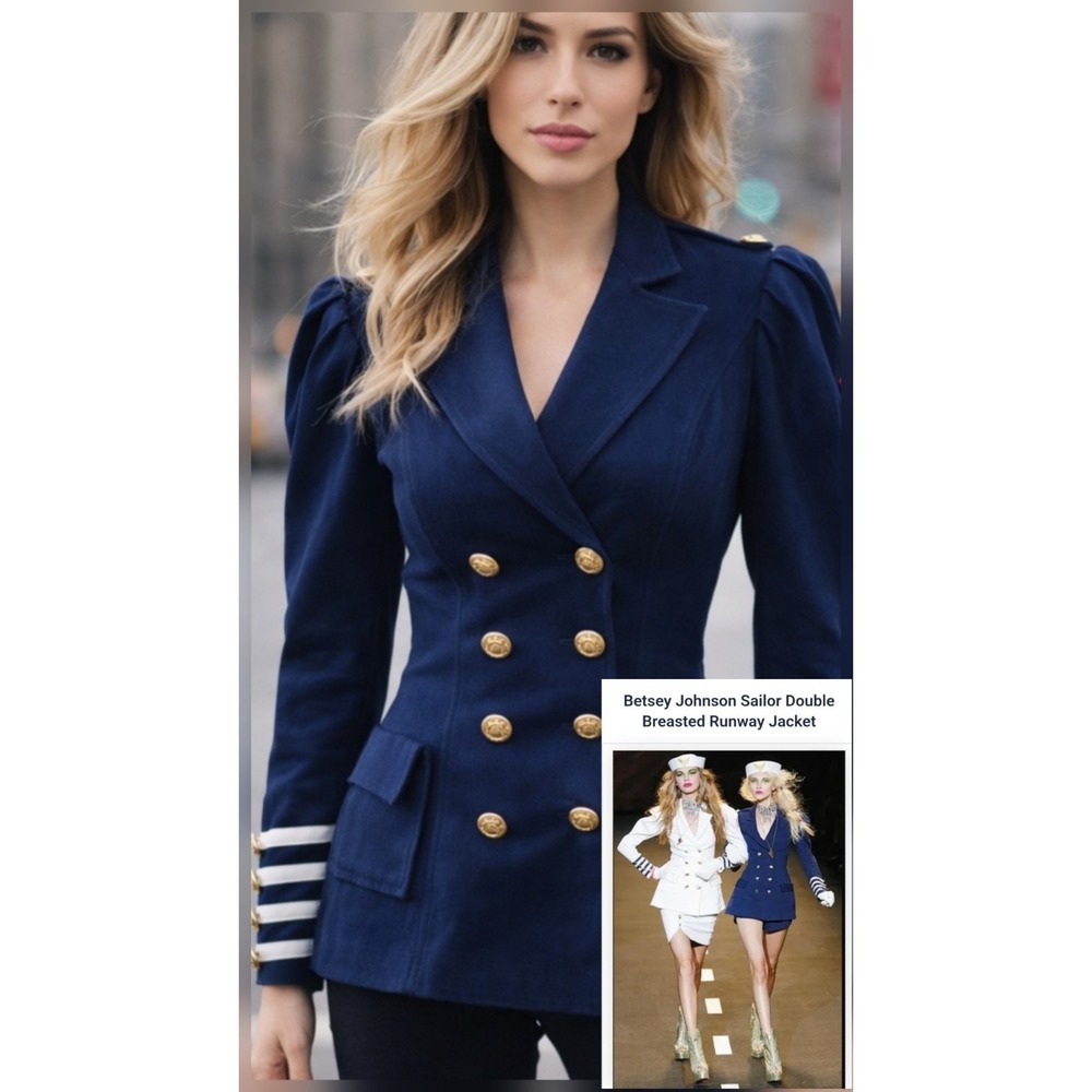 Betsey Johnson Vintage Runway‎ Sailor Jacket Double Breasted Navy Twill 4